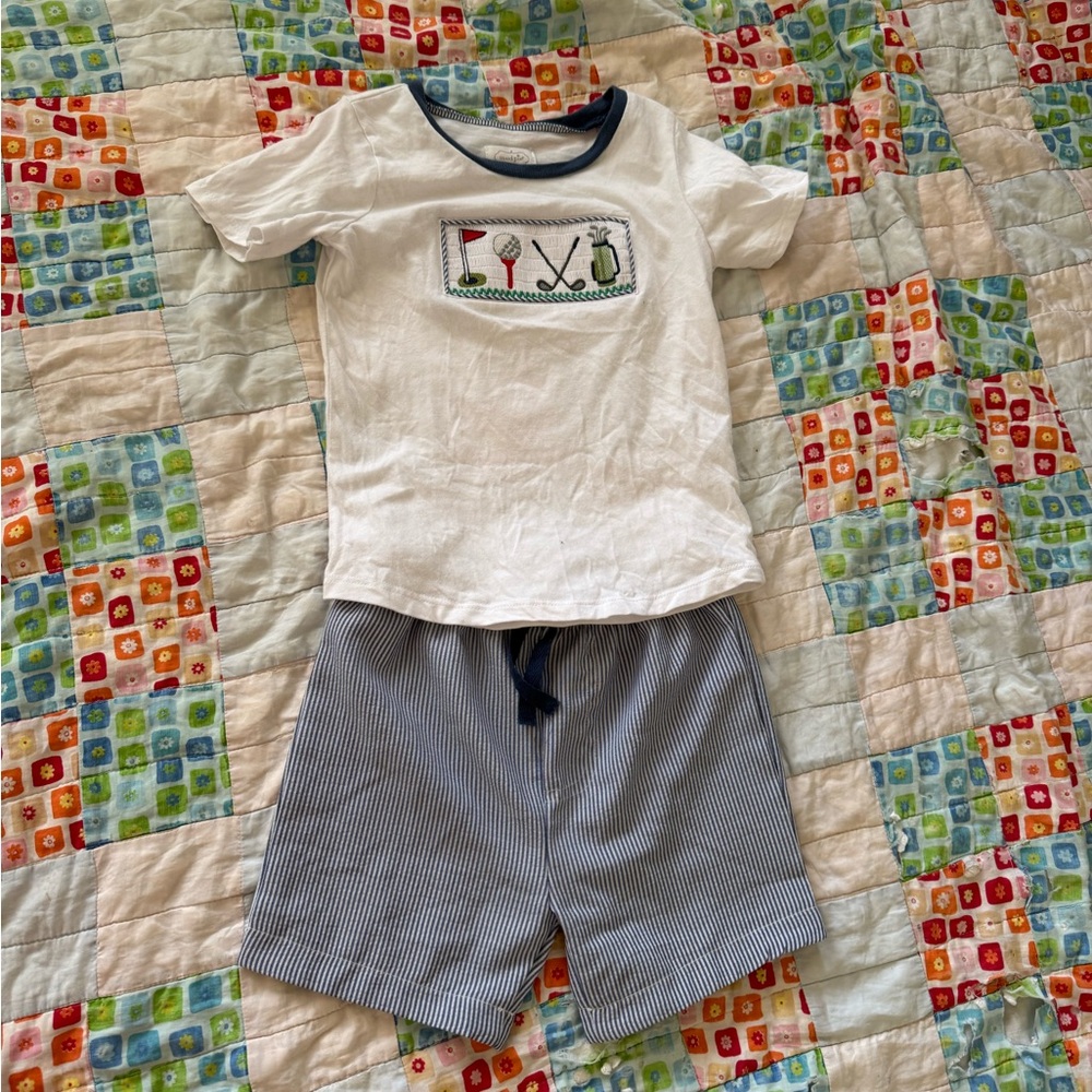 White & Blue Kids Set - Short Sleeve Golf Tee and Striped Shorts